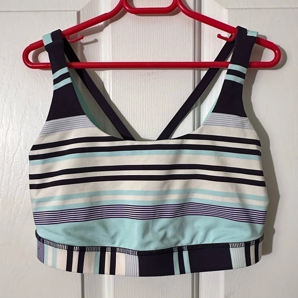 Lululemon Women’s Striped 8 Sports Bra Navy Aqua Criss Cross - Picture 1 of 5